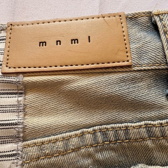 MNML Patchwork Denim Jeans Light Blue Wash Fabric Patches Button Fly Men's 36 - Picture 15 of 16